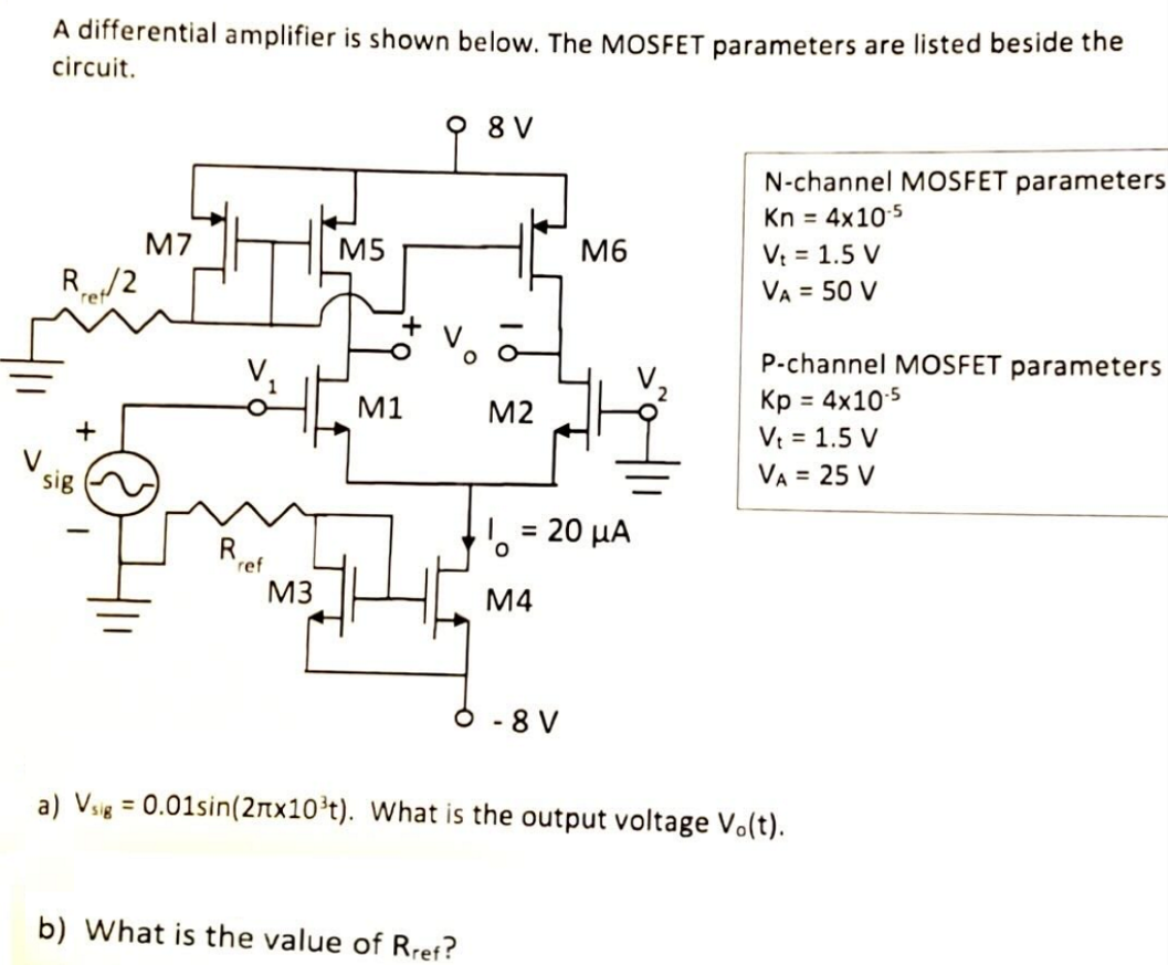 A differential amplifier is shown below. The MOSFET parameters are listed beside the circuit. N-channel MOSFET parameters Kn = 4×10−5 Vt = 1.5 V VA = 50 V P-channel MOSFET parameters Kp = 4×10.5 Vt = 1.5 V VA = 25 V a) Vsig = 0.01 sin⁡(2π×103 t). What is the output voltage V0(t). b) What is the value of Rref ? 