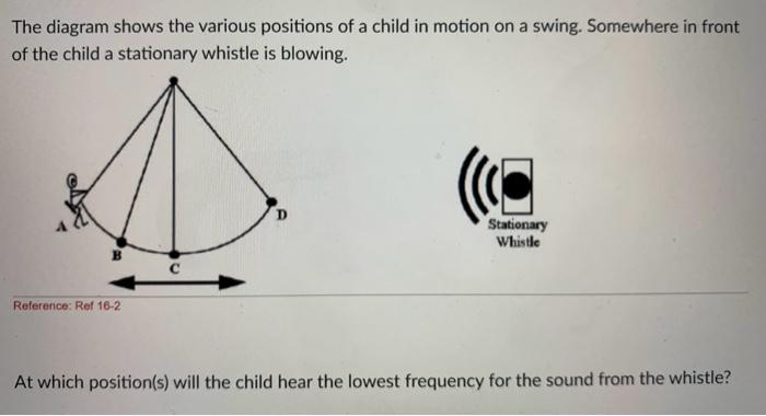 The diagram shows the various positions of a child in motion on a swing. Somewhere in front of the child a stationary whistle is blowing. Reference: Ref 16-2 At which position(s) will the child hear the lowest frequency for the sound from the whistle? 