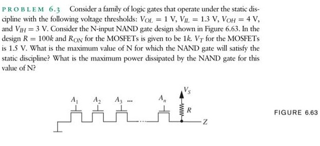 P R O B LEM 6.3 Consider a family of logic gates that operate under the static discipline with the following voltage thresholds: VOL = 1 V, VIL = 1.3 V, VOH = 4 V, and VIH = 3 V. Consider the N-input NAND gate design shown in Figure 6.63 . In the design R = 100 k and RON for the MOSFETs is given to be 1 k. VT for the MOSFETs is 1.5 V. What is the maximum value of N for which the NAND gate will satisfy the static discipline? What is the maximum power dissipated by the NAND gate for this value of N ? FIGURE 6.63 