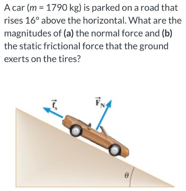 A car (m = 1790 kg) is parked on a road that rises 16∘ above the horizontal. What are the magnitudes of (a) the normal force and (b) the static frictional force that the ground exerts on the tires?