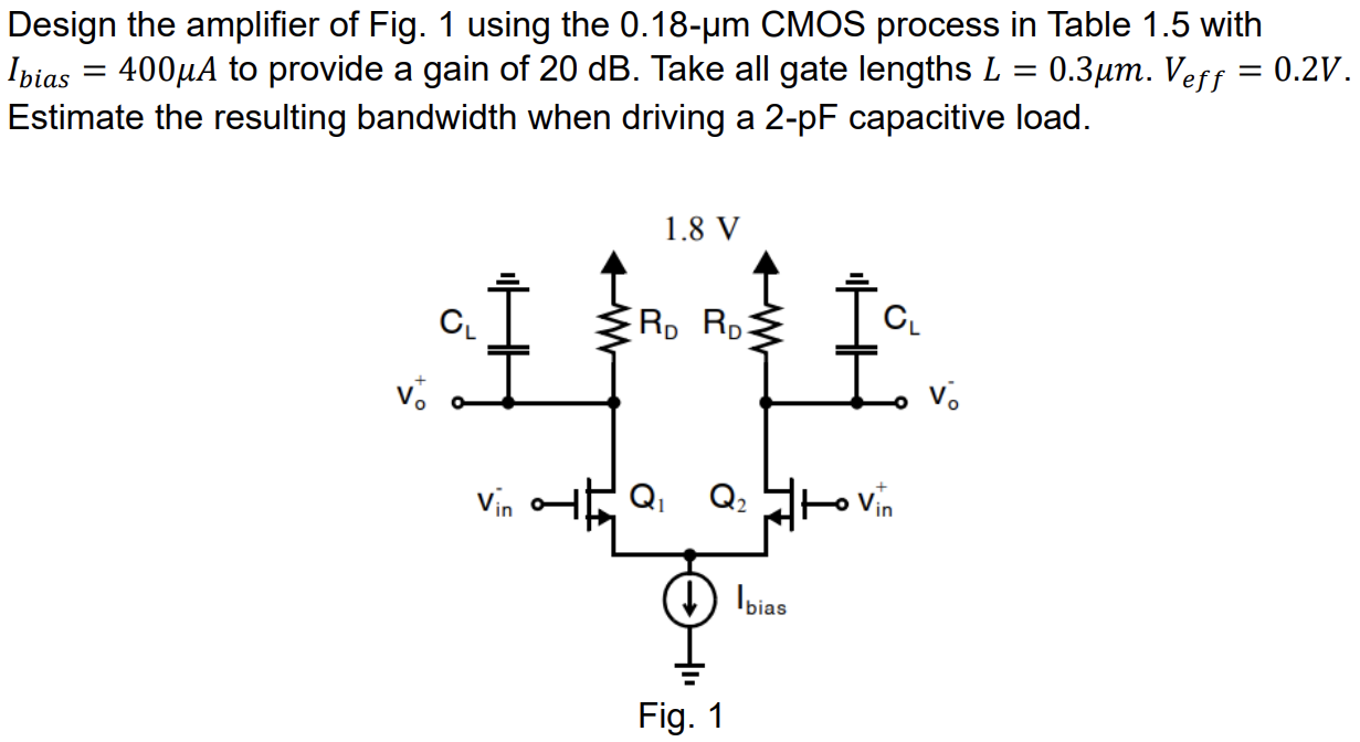 Design the amplifier of Fig. 1 using the 0.18−μm CMOS process in Table 1.5 with Ibias = 400 μA to provide a gain of 20 dB. Take all gate lengths L = 0.3 μm. Veff = 0.2 V. Estimate the resulting bandwidth when driving a 2−pF capacitive load. Fig. 1