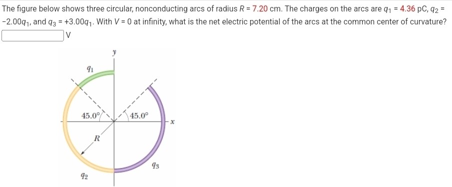 The figure below shows three circular, nonconducting arcs of radius R = 7.20 cm. The charges on the arcs are q1 = 4.36 pC, q2 = −2.00 q1, and q3 = +3.00q1. With V = 0 at infinity, what is the net electric potential of the arcs at the common center of curvature? V