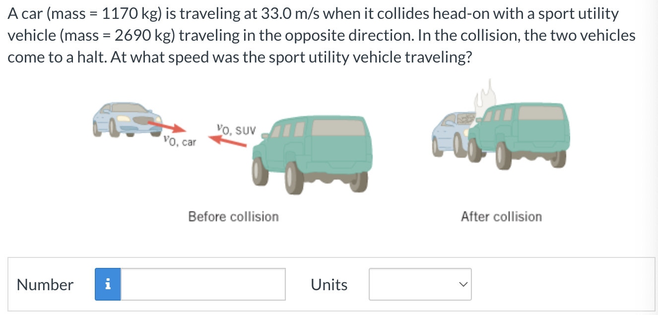 A car (mass = 1170 kg) is traveling at 33.0 m/s when it collides head-on with a sport utility vehicle (mass = 2690 kg) traveling in the opposite direction. In the collision, the two vehicles come to a halt. At what speed was the sport utility vehicle traveling? Before collision After collision Number Units