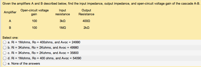 Given the amplifiers A and B described below, find the input impedance, output impedance, and open-circuit voltage gain of the cascade A-B. Amplifier Open-circuit voltage gain Input resistance Output Resistance A 100 3kΩ 400Ω B 100 1MΩ 2kΩ Select one: a. Ri = 1 Mohms, Ro = 400 hms, and Avoc = 24990 b. Ri = 3 Kohms, Ro = 2 Kohms, and Avoc = 49980 c. Ri = 3 Kohms, Ro = 2 Kohms, and Avoc = 35800 d. Ri = 1 Mohms, Ro = 400 ohms, and Avoc = 54090 e. None of the answers  