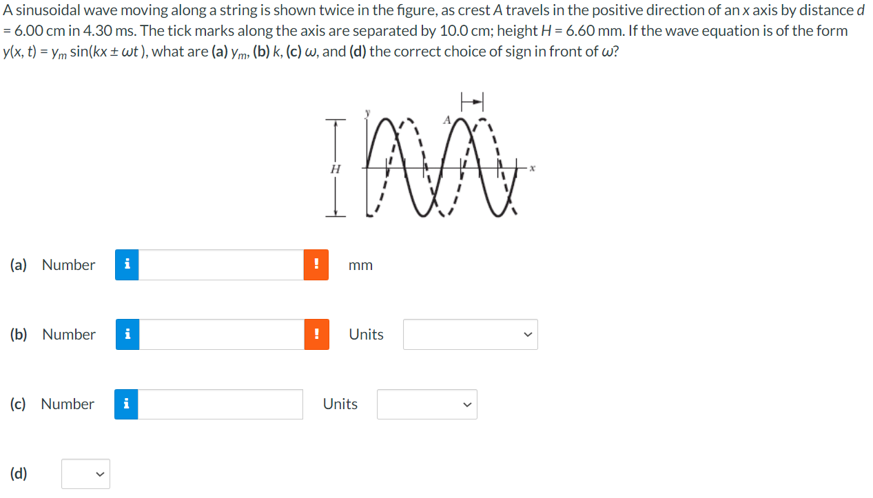 A sinusoidal wave moving along a string is shown twice in the figure, as crest A travels in the positive direction of an x axis by distance d = 6.00 cm in 4.30 ms. The tick marks along the axis are separated by 10.0 cm ; height H = 6.60 mm. If the wave equation is of the form y(x, t) = ymsin⁡(kx ± ωt), what are (a) ym, (b) k, (c) ω, and (d) the correct choice of sign in front of ω? (a) Number mm (b) Number Units (c) Number Units (d)