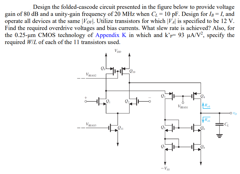 Design the folded-cascode circuit presented in the figure below to provide voltage gain of 80 dB and a unity-gain frequency of 20 MHz when CL = 10 pF. Design for IB = I, and operate all devices at the same |VOV|. Utilize transistors for which |VA| is specified to be 12 V. Find the required overdrive voltages and bias currents. What slew rate is achieved? Also, for the 0.25−μm CMOS technology of Appendix K in which and kp = 93 μA/V2, specify the required W/L of each of the 11 transistors used.