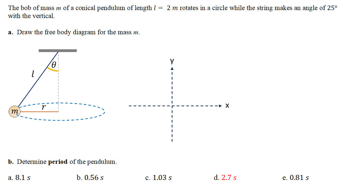 The bob of mass m of a conical pendulum of length l = 2 m rotates in a circle while the string makes an angle of 25∘ with the vertical. a. Draw the free body diagram for the mass m. b. Determine period of the pendulum. a. 8.1 s b. 0.56 s c. 1.03 s d. 2.7 s e. 0.81 s