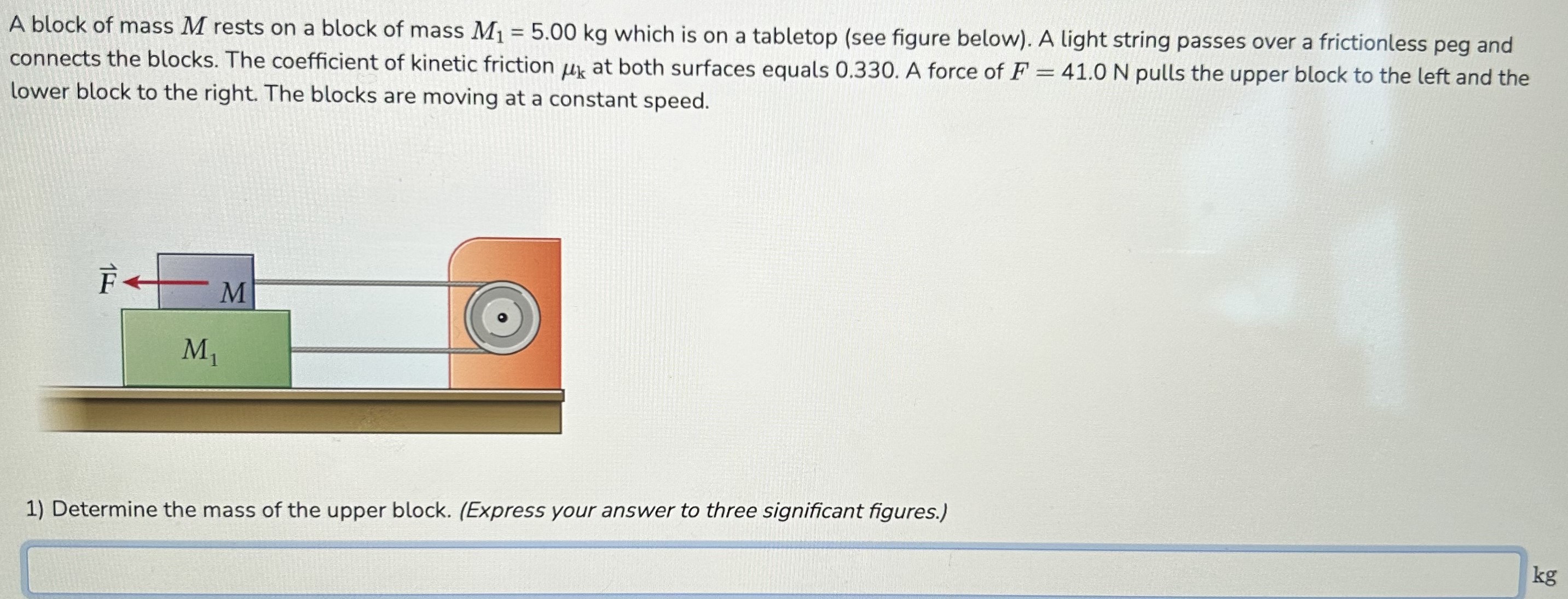 A block of mass M rests on a block of mass M1 = 5.00 kg which is on a tabletop (see figure below). A light string passes over a frictionless peg and connects the blocks. The coefficient of kinetic friction μk at both surfaces equals 0.330. A force of F = 41.0 N pulls the upper block to the left and the lower block to the right. The blocks are moving at a constant speed. Determine the mass of the upper block. (Express your answer to three significant figures.) kg