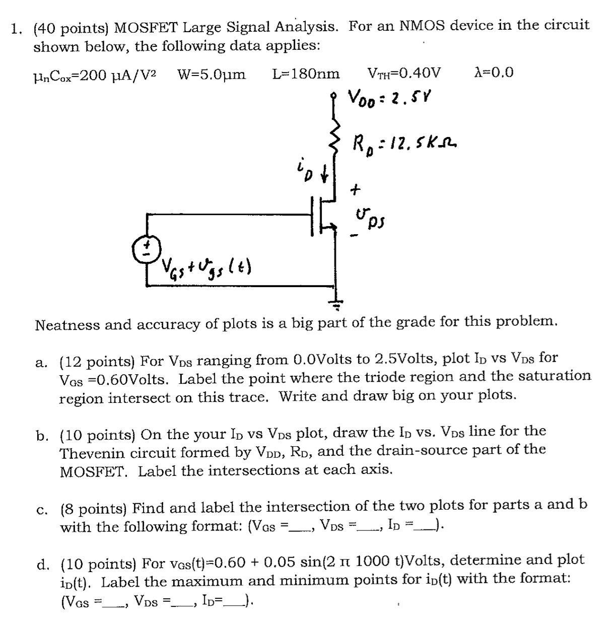 (40 points) MOSFET Large Signal Analysis. For an NMOS device in the circuit shown below, the following data applies: μnCox = 200 μA/V2 W = 5.0 μm L = 180 nm VTH = 0.40 V λ = 0.0 Neatness and accuracy of plots is a big part of the grade for this problem. a. (12 points) For VDS ranging from 0.0 Volts to 2.5 Volts, plot ID vs VDS for VGS = 0.60 Volts. Label the point where the triode region and the saturation region intersect on this trace. Write and draw big on your plots. b. (10 points) On the your ID vs VDS plot, draw the ID vs. VDS line for the Thevenin circuit formed by VDD, RD, and the drain-source part of the MOSFET. Label the intersections at each axis. c. (8 points) Find and label the intersection of the two plots for parts a and b with the following format: (VGS=…,VDS=…,ID=…). d. (10 points) For vGS(t) = 0.60 + 0.05sin⁡(2π1000t) Volts, determine and plot iD(t). Label the maximum and minimum points for iD(t) with the format: (VGS=…,VDS=…,ID=…).