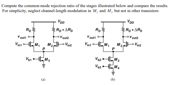 Compute the common-mode rejection ratio of the stages illustrated below and compare the results. For simplicity, neglect channel-length modulation in M1 and M2 but not in other transistors (a) (b) 