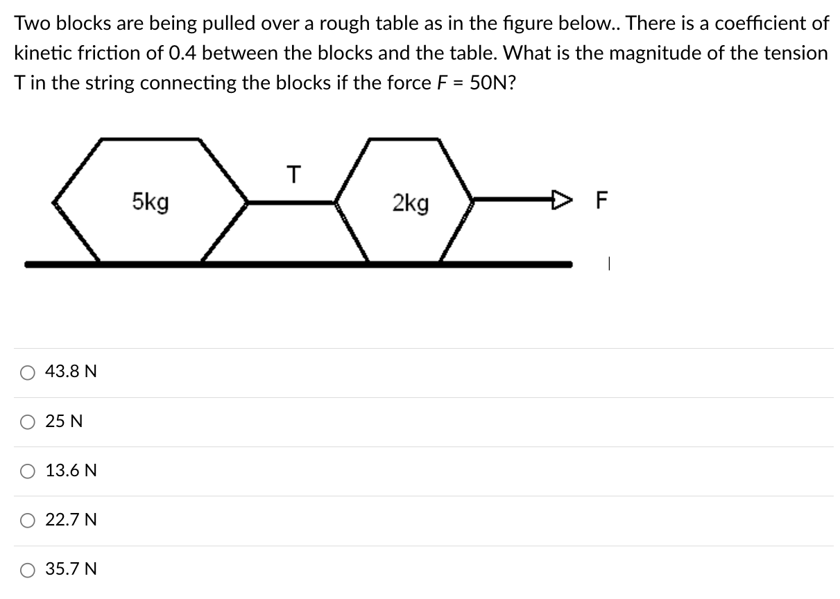 Two blocks are being pulled over a rough table as in the figure below. . There is a coefficient of kinetic friction of 0.4 between the blocks and the table. What is the magnitude of the tension T in the string connecting the blocks if the force F = 50 N? 43.8 N 25 N 13.6 N 22.7 N 35.7 N