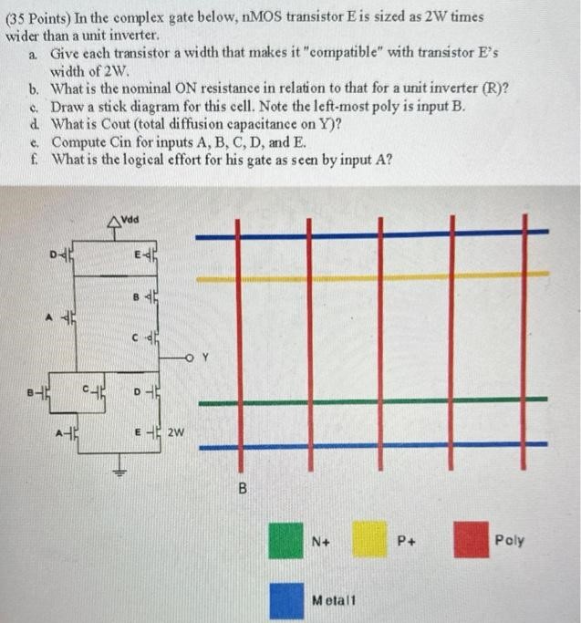 In the complex gate below, nMOS transistor E is sized as 2 W times wider than a unit inverter. a. Give each transistor a width that makes it "compatible" with transistor E's width of 2 W. b. What is the nominal ON resistance in relation to that for a unit inverter (R)? c. Draw a stick diagram for this cell. Note the left-most poly is input B. d. What is Cout (total diffusion capacitance on Y)? c. Compute Cin for inputs A, B, C, D, and E. f. What is the logical effort for his gate as seen by input A? N+ P+ Poly Metal1