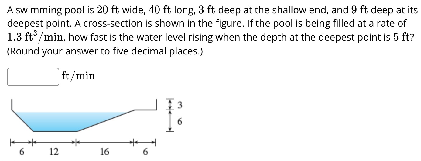 A swimming pool is 20 ft wide, 40 ft long, 3 ft deep at the shallow end, and 9 ft deep at its deepest point. A cross-section is shown in the figure. If the pool is being filled at a rate of 1.3 ft3/min, how fast is the water level rising when the depth at the deepest point is 5 ft? (Round your answer to five decimal places.) ft/min