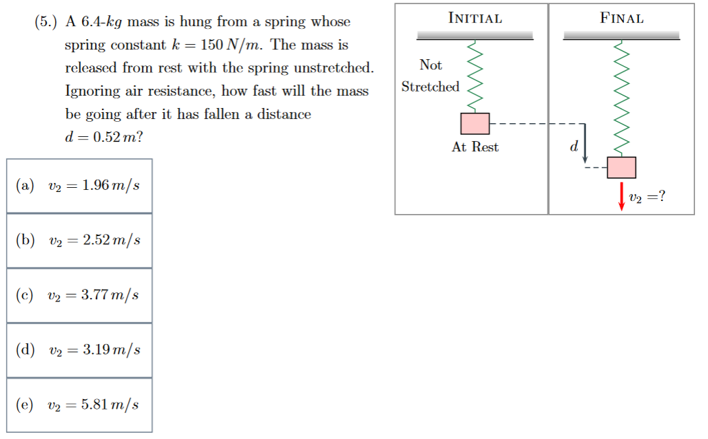 (5.) A 6.4-kg mass is hung from a spring whose spring constant k = 150 N/m. The mass is released from rest with the spring unstretched. Ignoring air resistance, how fast will the mass be going after it has fallen a distance d = 0.52 m? (a) v2 = 1.96 m/s (b) v2 = 2.52 m/s (c) v2 = 3.77 m/s (d) v2 = 3.19 m/s (e) v2 = 5.81 m/s