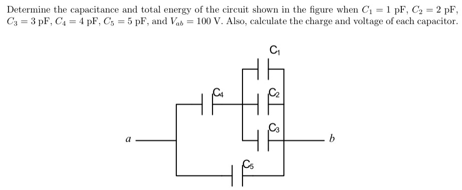 Determine the capacitance and total energy of the circuit shown in the figure when C1 = 1 pF, C2 = 2 pF, C3 = 3 pF, C4 = 4 pF, C5 = 5 pF, and Vab = 100 V. Also, calculate the charge and voltage of each capacitor.