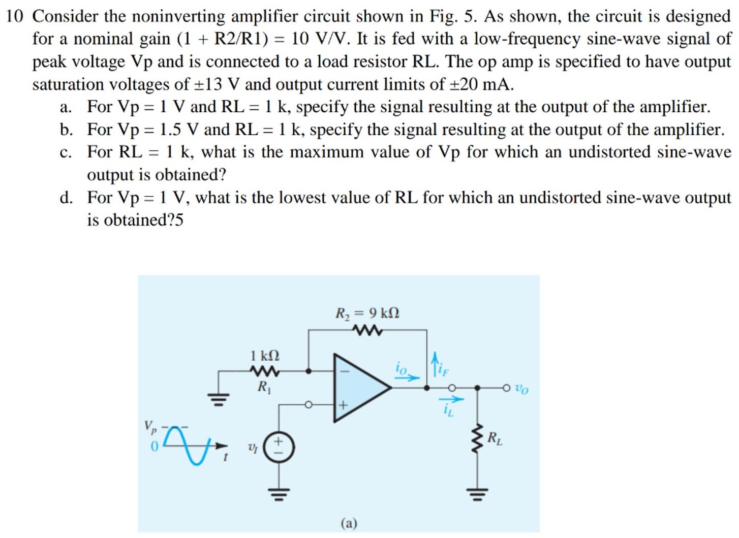 Consider the noninverting amplifier circuit shown in Fig. 5. As shown, the circuit is designed for a nominal gain (1 + R2/R1) = 10 V/V. It is fed with a low-frequency sine-wave signal of peak voltage V p and is connected to a load resistor RL. The op amp is specified to have output saturation voltages of ±13 V and output current limits of ±20 mA. a. For Vp = 1 V and RL = 1 k, specify the signal resulting at the output of the amplifier. b. For Vp = 1.5 V and RL = 1 k, specify the signal resulting at the output of the amplifier. c. For RL = 1 k, what is the maximum value of Vp for which an undistorted sine-wave output is obtained? d. For Vp = 1 V, what is the lowest value of RL for which an undistorted sine-wave output is obtained? 5 (a)