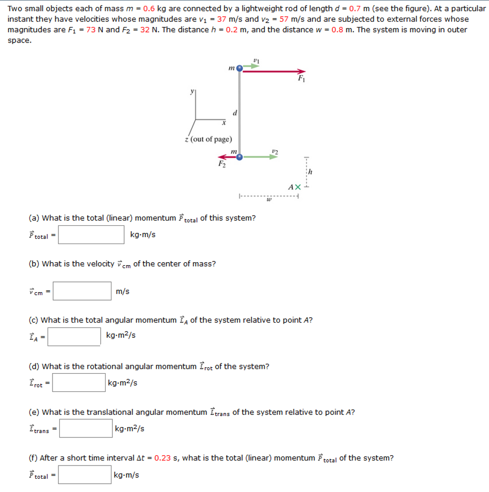 Two small objects each of mass m = 0.6 kg are connected by a lightweight rod of length d = 0.7 m (see the figure). At a particular instant they have velocities whose magnitudes are v1 = 37 m/s and v2 = 57 m/s and are subjected to external forces whose magnitudes are F1 = 73 N and F2 = 32 N. The distance h = 0.2 m, and the distance w = 0.8 m. The system is moving in outer space. (a) What is the total (linear) momentum P→total of this system? P→total = kg⋅m/s (b) What is the velocity v→cm of the center of mass? v→cm = m/s (c) What is the total angular momentum L→A of the system relative to point A? L→A = kg⋅m2 /s (d) What is the rotational angular momentum L→rot of the system? L→rot = kg⋅m2 /s (e) What is the translational angular momentum L→trans of the system relative to point A? L→trans = kg⋅m2 /s (f) After a short time interval Δt = 0.23 s, what is the total (linear) momentum P→ total of the system? P→total = kg⋅m/s