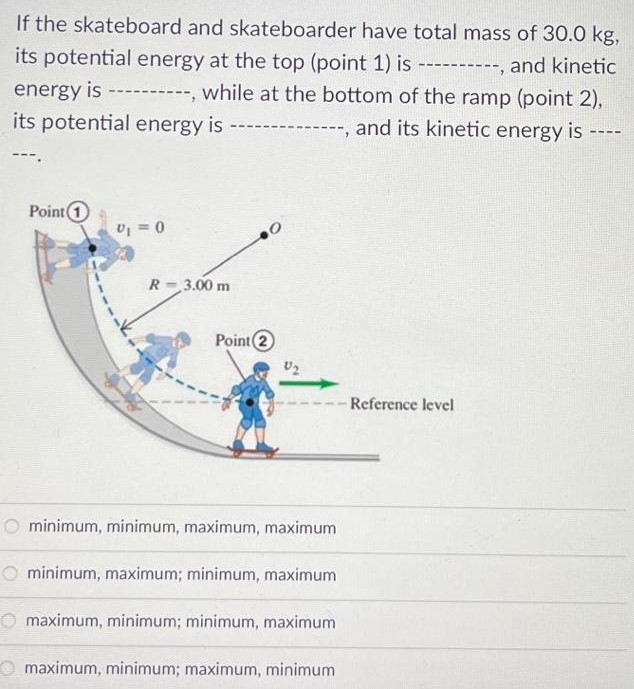 If the skateboard and skateboarder have total mass of 30.0 kg, its potential energy at the top (point 1) is and kinetic energy is, while at the bottom of the ramp (point 2), its potential energy is , and its kinetic energy is minimum, minimum, maximum, maximum minimum, maximum; minimum, maximum maximum, minimum; minimum, maximum maximum, minimum; maximum, minimum 