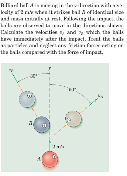 Billiard ball A is moving in the y-direction with a velocity of 2 m/s when it strikes ball B of identical size and mass initially at rest. Following the impact, the balls are observed to move in the directions shown. Calculate the velocities vA and vB which the balls have immediately after the impact. Treat the balls as particles and neglect any friction forces acting on the balls compared with the force of impact.