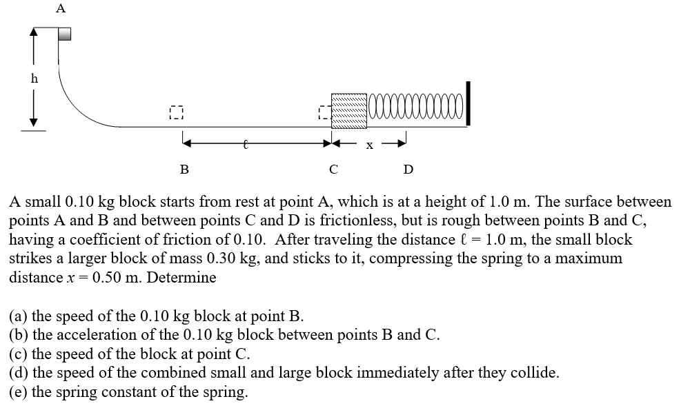 A A small 0.10 kg block starts from rest at point A, which is at a height of 1.0 m. The surface between points A and B and between points C and D is frictionless, but is rough between points B and C, having a coefficient of friction of 0.10 . After traveling the distance ℓ = 1.0 m, the small block strikes a larger block of mass 0.30 kg, and sticks to it, compressing the spring to a maximum distance x = 0.50 m. Determine (a) the speed of the 0.10 kg block at point B. (b) the acceleration of the 0.10 kg block between points B and C. (c) the speed of the block at point C. (d) the speed of the combined small and large block immediately after they collide. (e) the spring constant of the spring.