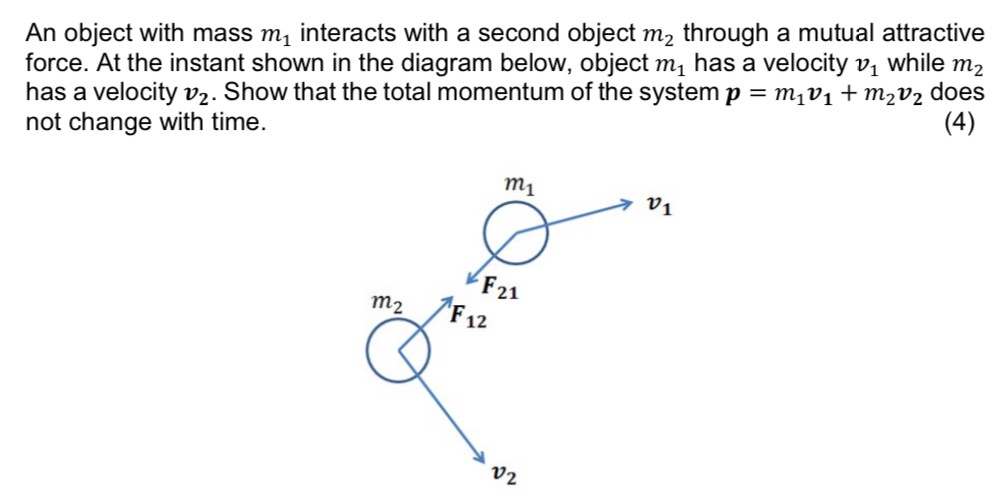 An object with mass m1 interacts with a second object m2 through a mutual attractive force. At the instant shown in the diagram below, object m1 has a velocity v1 while m2 has a velocity v2. Show that the total momentum of the system p = m1v1 + m2v2 does not change with time.