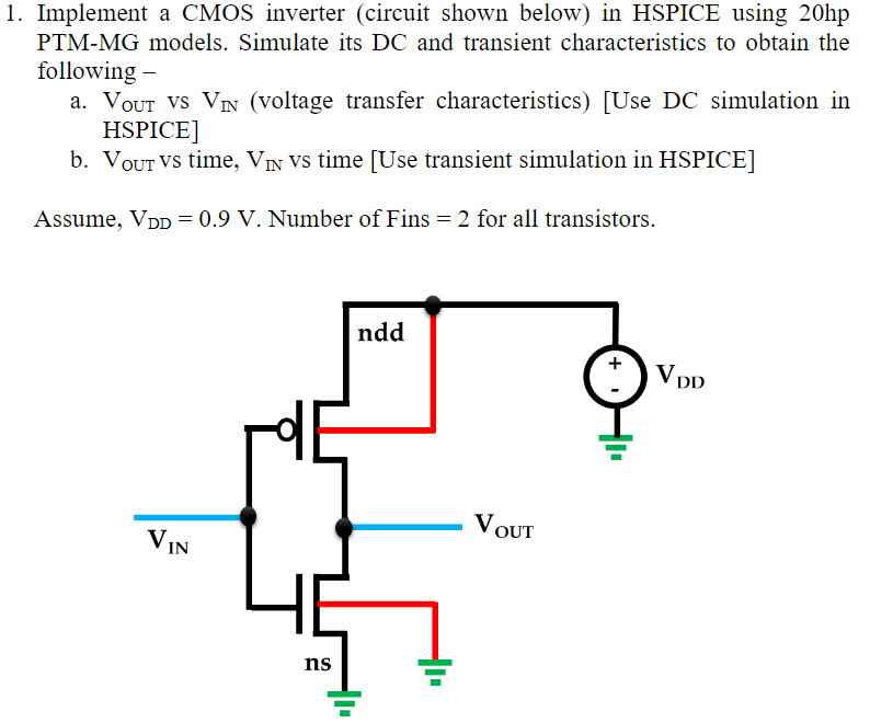 Implement a CMOS inverter (circuit shown below) in HSPICE using 20 hp PTM-MG models. Simulate its DC and transient characteristics to obtain the following - a. VOUT vs VIN (voltage transfer characteristics) [Use DC simulation in HSPICE] b. V VOUT vs time, VIN vs time [Use transient simulation in HSPICE] Assume, VDD = 0.9 V. Number of Fins = 2 for all transistors.