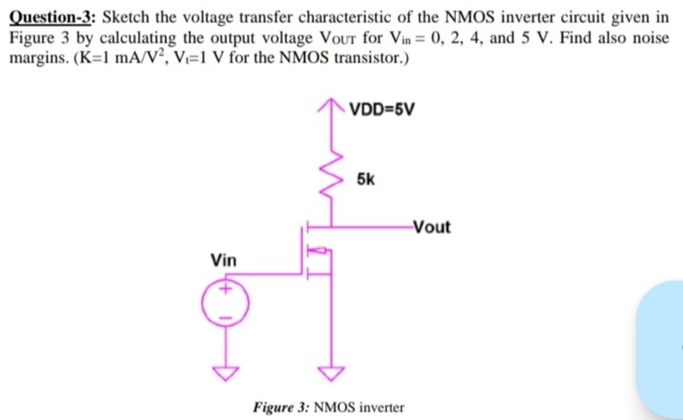 Question-3: Sketch the voltage transfer characteristic of the NMOS inverter circuit given in Figure 3 by calculating the output voltage Vout for Vin = 0, 2, 4, and 5 V. Find also noise margins. (K = 1 mA/V2, Vt = 1 V for the NMOS transistor. ) Figure 3: NMOS inverter 