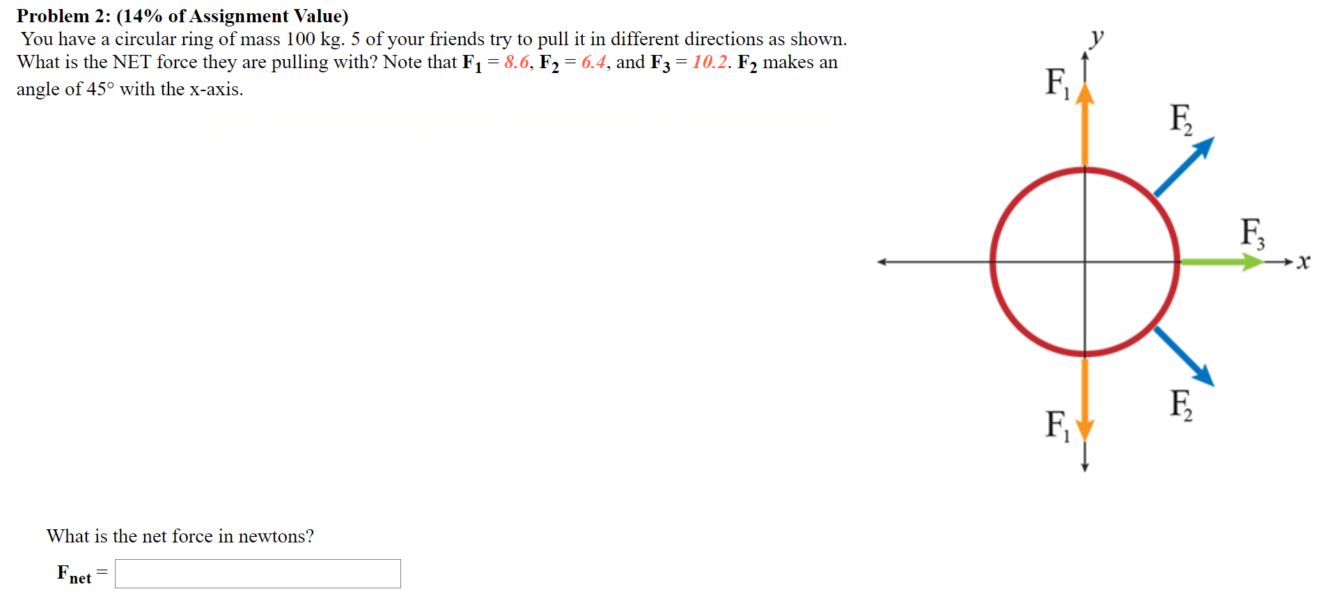 You have a circular ring of mass 100 kg. 5 of your friends try to pull it in different directions as shown. What is the NET force they are pulling with? Note that F1 = 8.6, F2 = 6.4, and F3 = 10.2. F2 makes an angle of 45∘ with the x -axis. What is the net force in newtons? Fnet = Problem 2: (14% of Assignment Value)