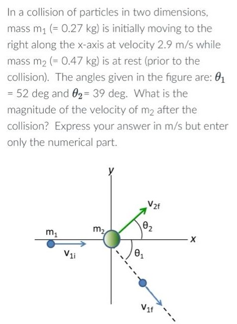 In a collision of particles in two dimensions, mass m1( = 0.27 kg) is initially moving to the right along the x-axis at velocity 2.9 m/s while mass m2( = 0.47 kg) is at rest (prior to the collision). The angles given in the figure are: θ1 = 52 deg and θ2 = 39 deg. What is the magnitude of the velocity of m2 after the collision? Express your answer in m/s but enter only the numerical part.