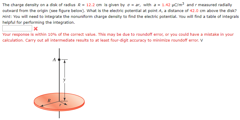 The charge density on a disk of radius R = 12.2 cm is given by σ = ar, with a = 1.42 μC/m3 and r measured radially outward from the origin (see figure below). What is the electric potential at point A, a distance of 42.0 cm above the disk? Hint: You will need to integrate the nonuniform charge density to find the electric potential. You will find a table of integrals helpful for performing the integration. Your response is within 10% of the correct value. This may be due to roundoff error, or you could have a mistake in your calculation. Carry out all intermediate results to at least four-digit accuracy to minimize roundoff error. V 