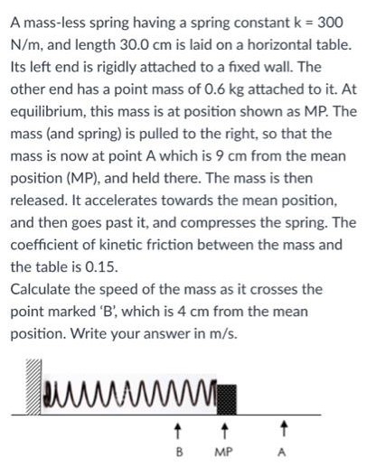 A mass-less spring having a spring constant k = 300 N/m, and length 30.0 cm is laid on a horizontal table. Its left end is rigidly attached to a fixed wall. The other end has a point mass of 0.6 kg attached to it. At equilibrium, this mass is at position shown as MP. The mass (and spring) is pulled to the right, so that the mass is now at point A which is 9 cm from the mean position (MP), and held there. The mass is then released. It accelerates towards the mean position, and then goes past it, and compresses the spring. The coefficient of kinetic friction between the mass and the table is 0.15 . Calculate the speed of the mass as it crosses the point marked 'B', which is 4 cm from the mean position. Write your answer in m/s.