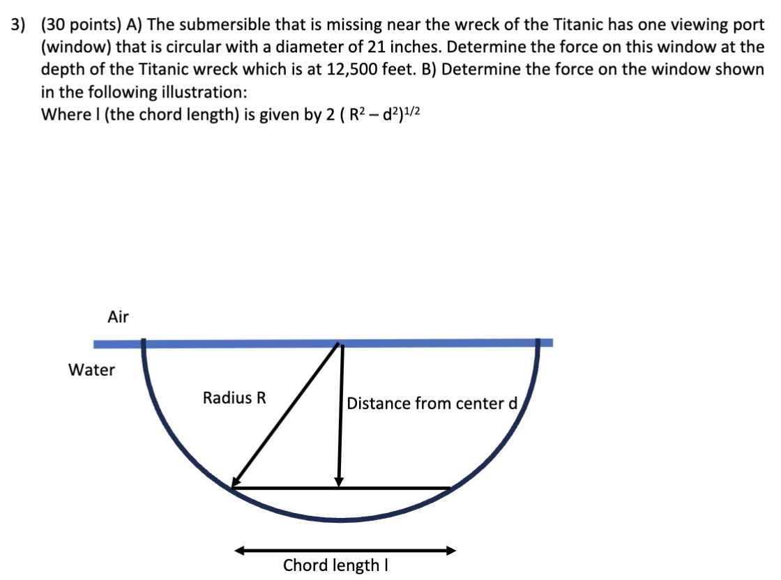 A) The submersible that is missing near the wreck of the Titanic has one viewing port (window) that is circular with a diameter of 21 inches. Determine the force on this window at the depth of the Titanic wreck which is at 12, 500 feet. B) Determine the force on the window shown in the following illustration: Where I (the chord length) is given by 2(R2 − d2)1/2