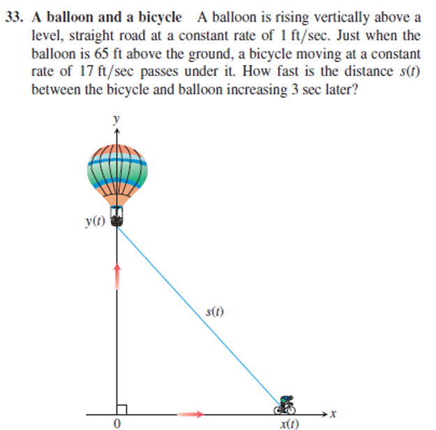 A balloon and a bicycle A balloon is rising vertically above a level, straight road at a constant rate of 1 ft/sec. Just when the balloon is 65 ft above the ground, a bicycle moving at a constant rate of 17 ft/sec passes under it. How fast is the distance s(t) between the bicycle and balloon increasing 3 sec later?