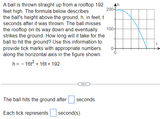 A ball is thrown straight up from a rooftop 192 feet high. The formula below describes the ball's height above the ground, h, in feet, t seconds after it was thrown. The ball misses the rooftop on its way down and eventually strikes the ground. How long will it take for the ball to hit the ground? Use this information to provide tick marks with appropriate numbers along the horizontal axis in the figure shown. h = −16t2 + 16t + 192 The ball hits the ground after seconds. Each tick represents second(s).