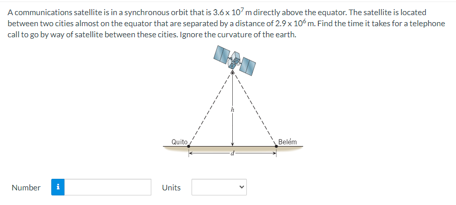 A communications satellite is in a synchronous orbit that is 3.6×107 m directly above the equator. The satellite is located between two cities almost on the equator that are separated by a distance of 2.9×106 m. Find the time it takes for a telephone call to go by way of satellite between these cities. Ignore the curvature of the earth. Number Units