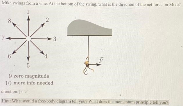 Mike swings from a vine. At the bottom of the swing, what is the direction of the net force on Mike? 9 zero magnitude 10 more info needed direction: Hint: What would a free-body diagram tell you? What does the momentum principle tell you? 