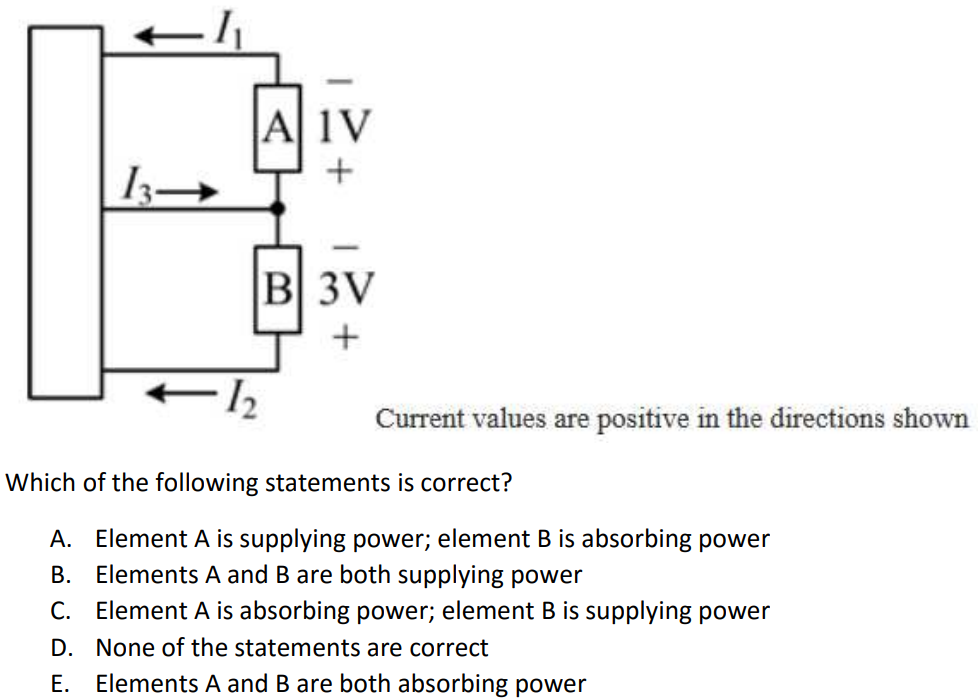 Which of the following statements is correct? A. Element A is supplying power; element B is absorbing power B. Elements A and B are both supplying power C. Element A is absorbing power; element B is supplying power D. None of the statements are correct E. Elements A and B are both absorbing power