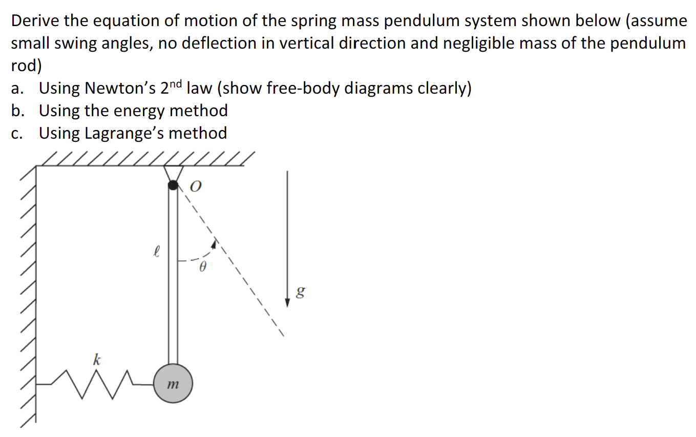 Derive the equation of motion of the spring mass pendulum system shown below (assume small swing angles, no deflection in vertical direction and negligible mass of the pendulum rod) a. Using Newton's 2 nd law (show free-body diagrams clearly) b. Using the energy method c. Using Lagrange's method