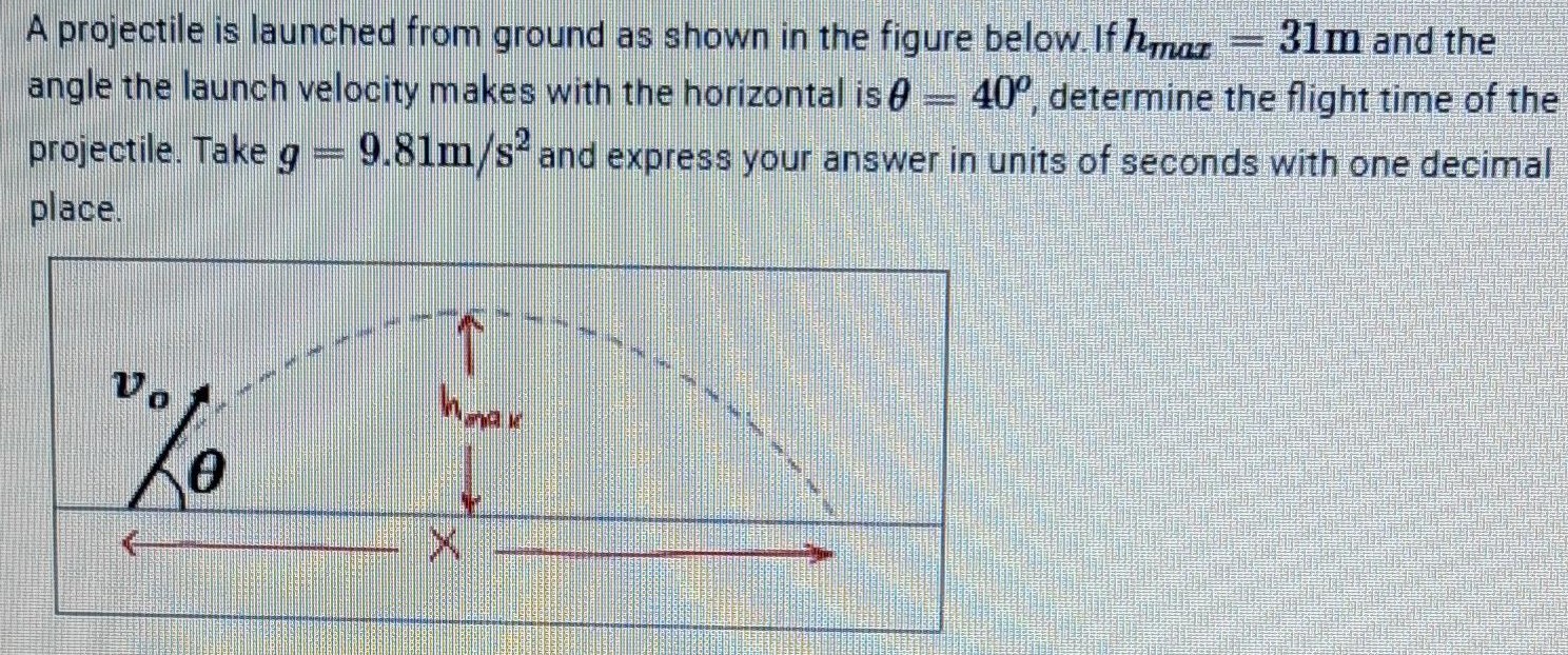 A projectile is launched from ground as shown in the figure below. If hmax = 31 m and the angle the launch velocity makes with the horizontal is θ = 40∘, determine the flight time of the projectile. Take g = 9.81 m/s2 and express your answer in units of seconds with one decimal place.