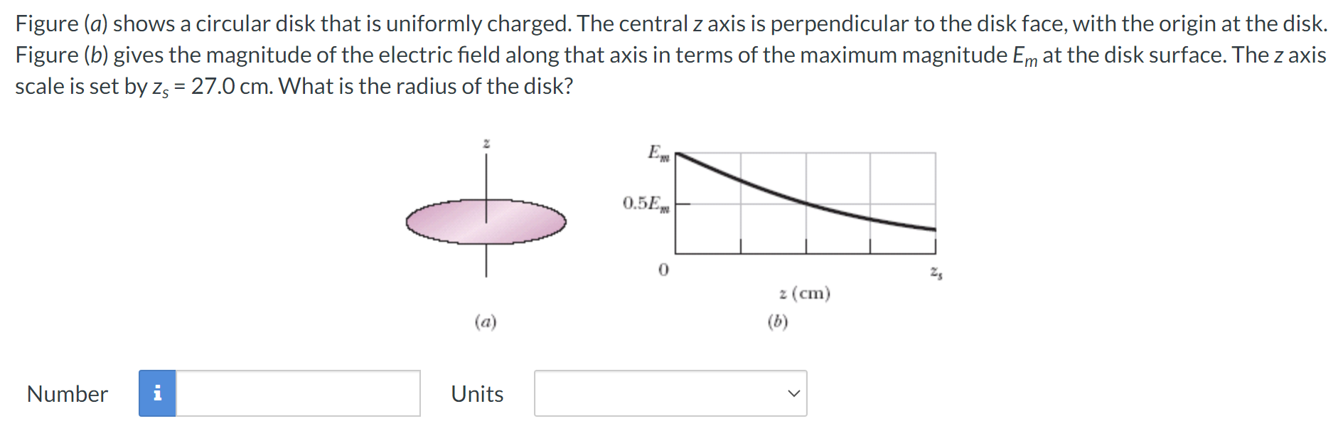 Figure (a) shows a circular disk that is uniformly charged. The central z axis is perpendicular to the disk face, with the origin at the disk. Figure (b) gives the magnitude of the electric field along that axis in terms of the maximum magnitude Em at the disk surface. The z axis scale is set by zs = 27.0 cm. What is the radius of the disk? (a) (b) Number Units