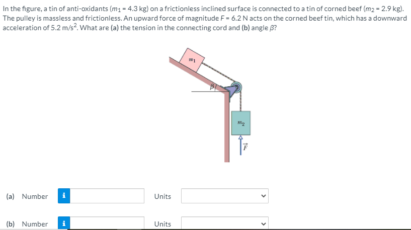 In the figure, a tin of anti-oxidants (m1 = 4.3 kg) on a frictionless inclined surface is connected to a tin of corned beef (m2 = 2.9 kg). The pulley is massless and frictionless. An upward force of magnitude F = 6.2 N acts on the corned beef tin, which has a downward acceleration of 5.2 m/s2. What are (a) the tension in the connecting cord and (b) angle β ? (a) Number Units (b) Number Units