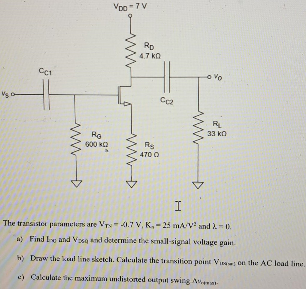 The transistor parameters are VTN = −0.7 V, Kn = 25 mA/V2 and λ = 0. a) Find IDQ and VDSQ and determine the small-signal voltage gain. b) Draw the load line sketch. Calculate the transition point VDS (sat) on the AC load line. c) Calculate the maximum undistorted output swing Δvo(max). 