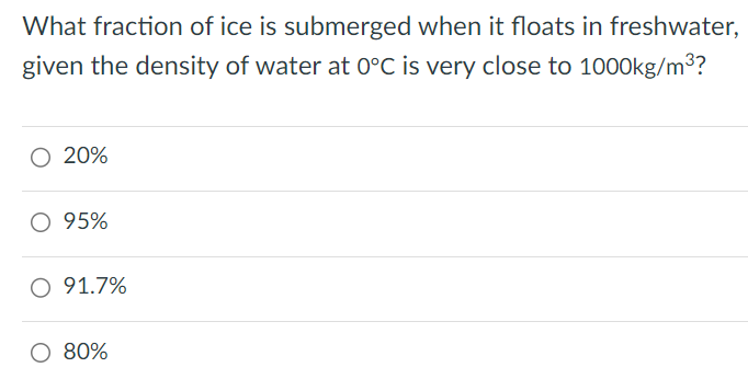 What fraction of ice is submerged when it floats in freshwater, given the density of water at 0∘C is very close to 1000 kg/m3 ? 20% 95% 91.7% 80% 