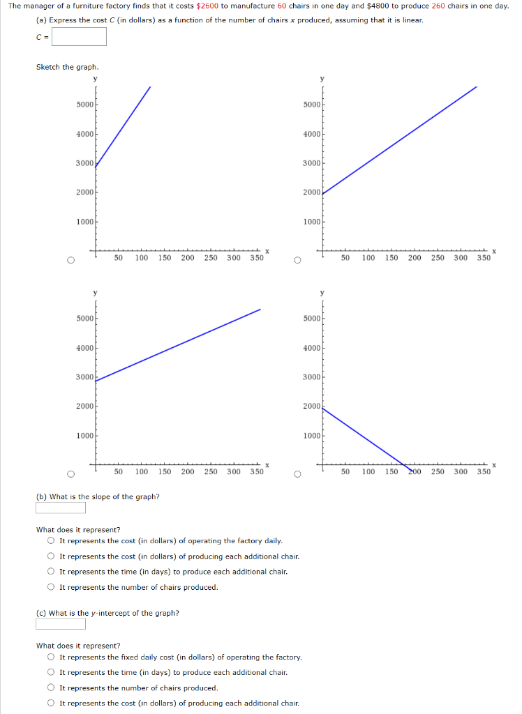 The manager of a furniture factory finds that it costs $2600 to manufacture 60 chairs in one day and $4800 to produce 260 chairs in one day. (a) Express the cost C (in dollars) as a function of the number of chairs x produced, assuming that it is linear. C = Sketch the graph. (b) What is the slope of the graph? What does it represent? It represents the cost (in dollars) of operating the factory daily. It represents the cost (in dollars) of producing each additional chair. It represents the time (in days) to produce each additional chair. It represents the number of chairs produced. (c) What is the y-intercept of the graph? What does it represent? It represents the fixed daily cost (in dollars) of operating the factory. It represents the time (in days) to produce each additional chair. It represents the number of chairs produced. It represents the cost (in dollars) of producing each additional chair.