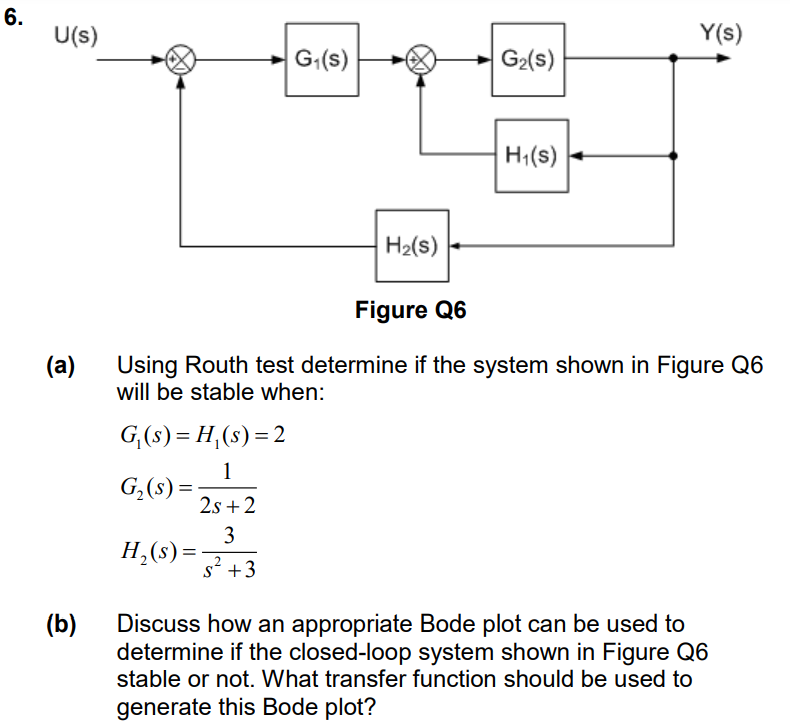 (a) Using Routh test determine if the system shown in Figure Q6 will be stable when: G1(s) = H1(s) = 2 G2(s) = 1 2s+2 H2(s) = 3 s2+3 (b) Discuss how an appropriate Bode plot can be used to determine if the closed-loop system shown in Figure Q6 stable or not. What transfer function should be used to generate this Bode plot?