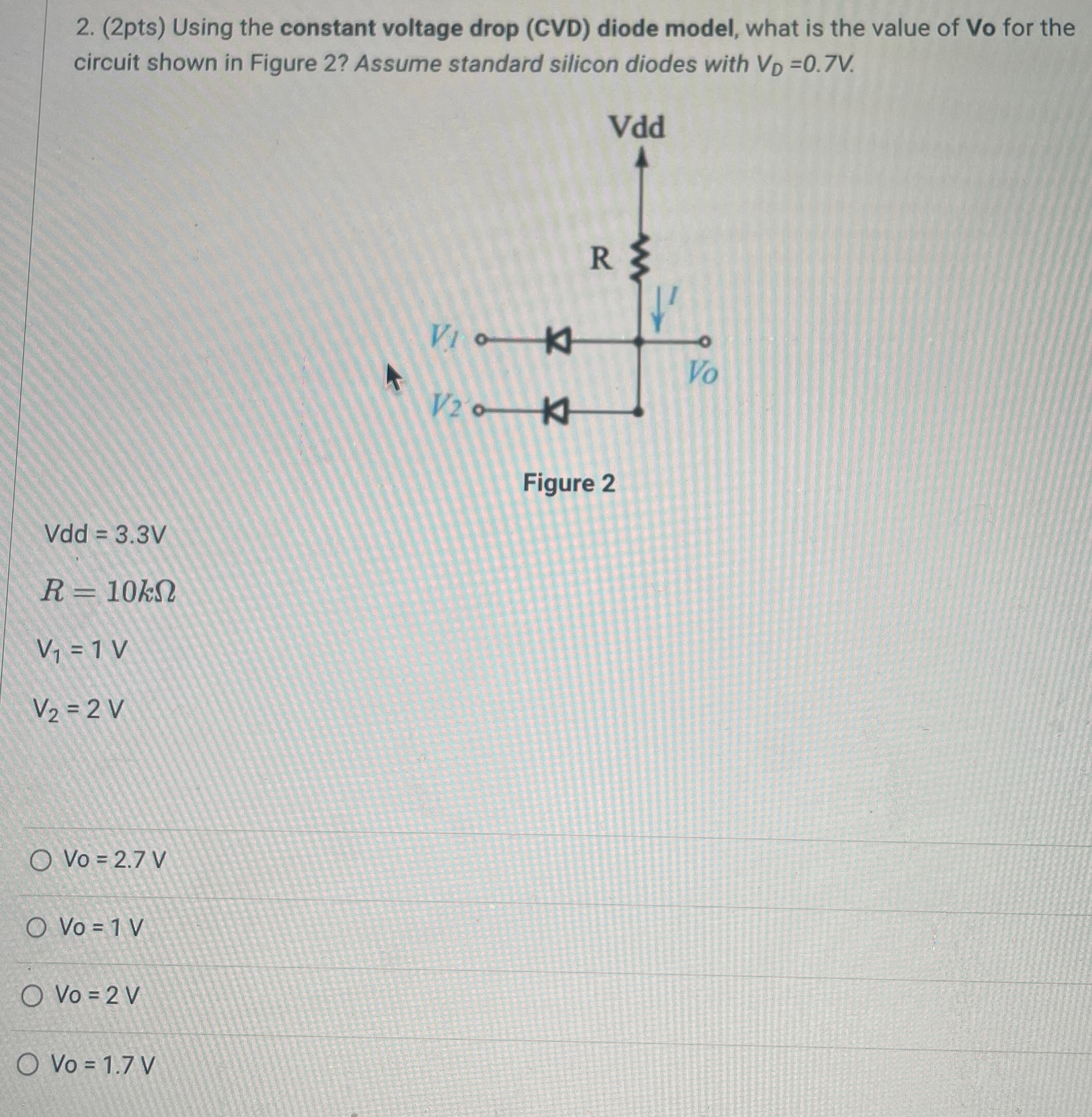 (2pts) Using the constant voltage drop (CVD) diode model, what is the value of Vo for the circuit shown in Figure 2? Assume standard silicon diodes with VD = 0.7 V. Figure 2 Vdd = 3.3 V R = 10 kΩ V1 = 1 V V2 = 2 V Vo = 2.7 V Vo = 1 V Vo = 2 V Vo = 1.7 V