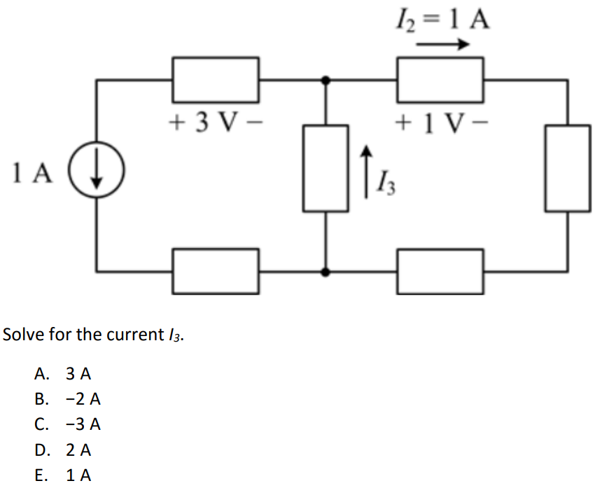 Solve for the current I3. A. 3 A B. −2 A C. −3 A D. 2 A E. 1 A