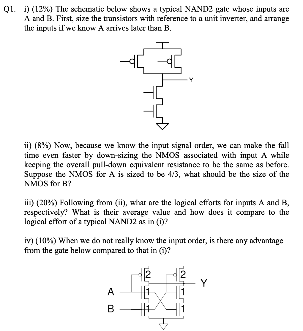 Q1. i) (12%) The schematic below shows a typical NAND2 gate whose inpu