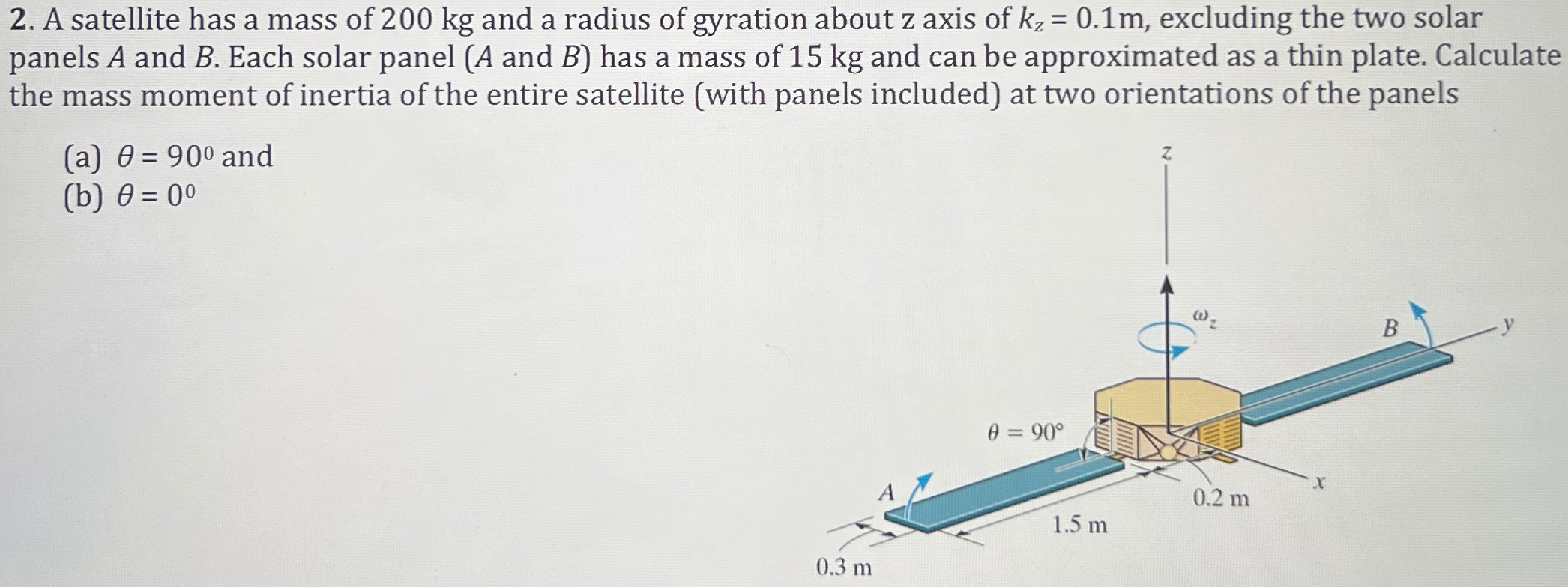 A satellite has a mass of 200 kg and a radius of gyration about z axis of kz = 0.1 m, excluding the two solar panels A and B. Each solar panel (A and B ) has a mass of 15 kg and can be approximated as a thin plate. Calculate the mass moment of inertia of the entire satellite (with panels included) at two orientations of the panels (a) θ = 90∘ and (b) θ = 0∘