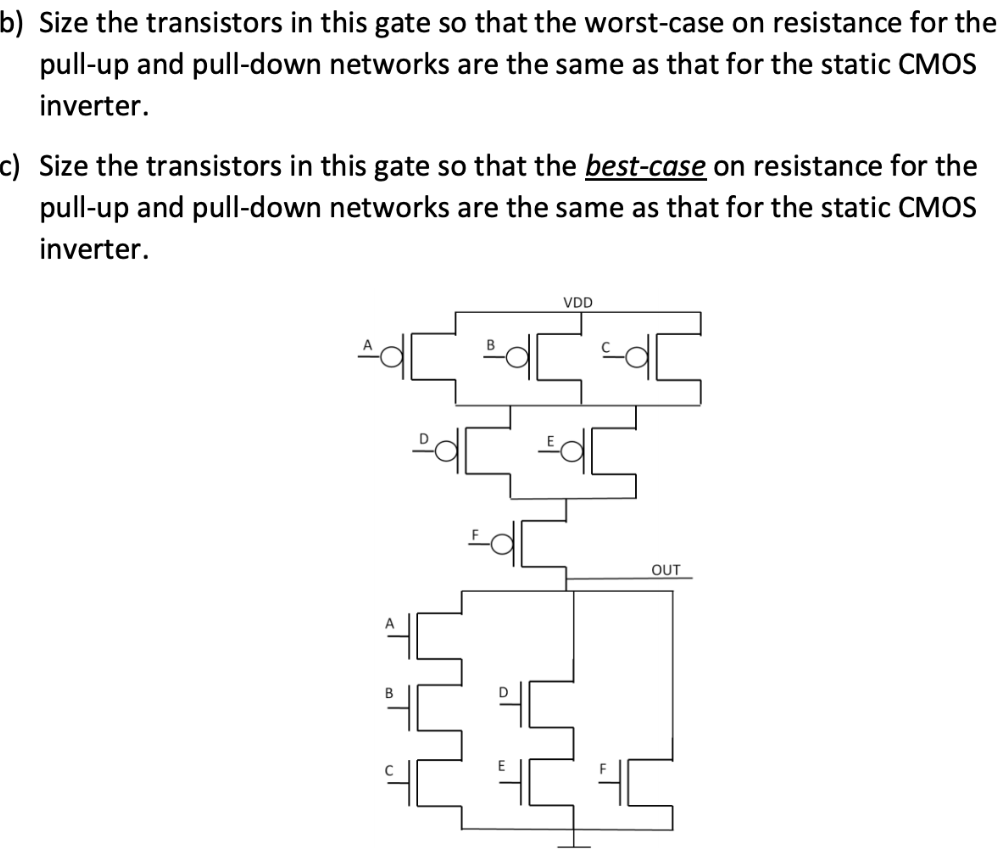 Consider the static CMOS gate shown below. Assuming that un/up=1.5 and Vthn= |Vthp|. As consequence, a reference, balanced inverter for this technology has an NMOS width Wn=1 unit and a PMOS width Wp=1.5 units. What Boolean function does this gate implement? 